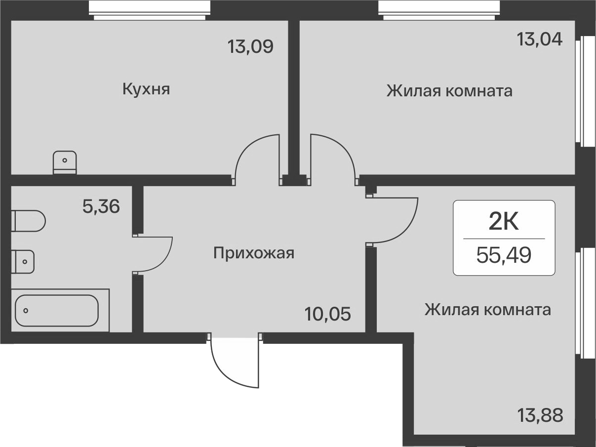 2-комнатная квартира 55.49 м², 1/9 эт., ЖК «Расцветай в Янино»